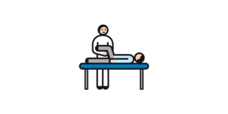 Physiotherapie Garfische Darstellung Physiotherapeut macht eine Übung mit einem Bein eines Patienten auf einer Liege.